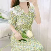 Long Dress Elastic Elegant Floral Printed Dresses Sweet Peter Pan Collar Tie 2021 Bohemian Women Summer Dress Beach Clothing G220510