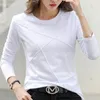 Ribbed Sping Moda Bambusa Bawełniana Koszulka Jesienna Kobiety O-Neck Loose Proste Purpurowe Tshirt Długi Rękaw Damski Zielony Przytulny Top 220411