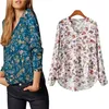 Mulheres casuais de manga longa vneck camisa floral camisa de chiffon blusa irregular camisa sexy vneck Floral Pattern 220812