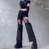 WeiYao Fori anteriori Goth Grunge Jeans dritti Donna Vita alta Pantaloni in denim effetto consumato Street Style Casual Pantaloni Jean neri T220728