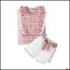 Clothing Sets Baby Kids Baby Maternity Girls Lattice Outfits Children Ruffle Flying Sleeve Plaid Dh6Jo
