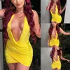 Casual Dresses Fashion Women's Dress Deep V-Neck Pleated Wrapped Slim Sleeveless Off Shoulder Party Short Midi Yellow 2022