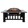 US stock Multifunctional Fire Pit Table 32in 3 in 1 Metal Square Patio Firepit Table BBQ Garden Stove with Spark Screen Cover Log Grate and Poker for a43 UI-JYL-3004-MBK