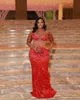 Aso Ebi 2022 Arabo Plus Size Lussuoso Red Mermaid Prom Dresses Sheer Neck Sparkly Evening Party Formale Secondo ricevimento Compleanno Abiti di fidanzamento Abito ZJ476