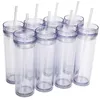 USA Local Warehouse Bicchiere in acrilico trasparente a doppia parete da 16 once con coperchio e cannuccia Bicchiere di plastica skinny dritto da 480 ml per globo di neve Borraccia per bevande senza BPA