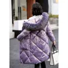 Зима густое теплое пальто Женщины Новый меховой воротник капюшона с хлопчатобумажным пальто белый розовый зеленый глянцевый длинночный
