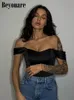 Beyouare Satyna Off Gorset Ramię Tube Crop Tops Kobiety Backless Asymetryczne Slim Elegancka Moda Solidna Czarne Lato 220316