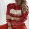 Bluza bluzy damskiej bluzy retro okrągła szyjka aksamitna bluza pullover jesienna zima litera druk cekinowe swobodne topy z długim rękawem Jumper Mjer 230206