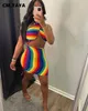 cm.yaya Rainbow Striped Tie Dye Halter Neck Backless Women's Mini Dress Sexy Night Party Clubwear Bodycon Midi Pencil Dresses 220516