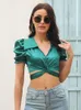 Blouses Femmes Chemises Plaine Manches Bouffantes Torsion Avant Cravate Dos Crop Blouse Top Femmes Sexy Col V Profond Ourlet Serré Hauts Courts Été Casual Sa