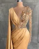 Stunning Gold Yellow Prom Evening Dresses Deep V Neck Sheer Long Sleeve Beaded Crystals Luxury Party Celebrity Gowns BC9469 06153710787