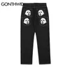 Hip Hop Gothic Denim Spods Streetwear Mens Graphic Print workowane punkowe rock dżinsy Harajuku swobodne luźne spodnie dżinsowe czarne 220718