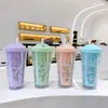 tumblers double-layer plastic cup with straw water cup girl home office breakfast milk juice cups 500ml