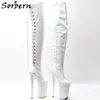 Sorbern White Back Lace Up Boots Women High Uda wysoka 23 cm Ekstremalna platforma na wysokim obcasie rozmiar nogi