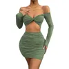 Women's Two Piece Sets Dress 2022 European and American summer new sexy women's solid color navel long-sleeved top pleated hip skirt suit