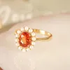 Dangle Lustre Original S925 Argent Orange Rubis Ovale Dames Bague Ouverte Perle Lumière De Luxe Doux Et Frais Pour Assister Aux Bijoux De MariageD