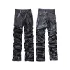 Black Mens High street black pleated stacked casual leather pants men's fashion street hiphop slim pants Straight Pencil Faux Leather Pants