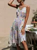 V-neck holiday pleated print summer dres Spaghetti straps floral sexy beach sundress Sexy casual female vestidos 220510