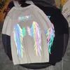 2022 New Bf Wind Laser Reflective Big Wings Printing Loose Trend T-shirt Pure Cotton Men's and Women's Casual Short Sleeve Summer Shirt