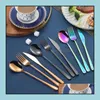 Flatware Sets Kitchen Dining Bar Home Garden Ll Korean Stainless Steel Long Handle Knife Fork Spoon Chopst Dh4Tj