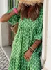 Boho Maxi Sukienka Kobiety Floral Print Letnie wakacje Plaża Kobieta Krótki Rękaw Puff Loosesundress Green Purple Vestidos Mujer 220418