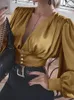 Blouses -shirts voor dames elegante puff lange mouwen celmia vrouwen satijn korte tunics 2022 sexy v nek taille casual geplooide knopen blusaswom