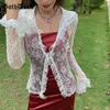 Goth Dark E-Girl Lace Transparant White T-Shirts Cardigan Gothic Up Ruffles Hem Long Sleeve Patchwork Tops Slim Streetwear 220408