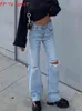 Geript denim rechte brede poot jeans stijlvolle blauwe straat lange broek zwarte vrouwelijke vrouw herfst lente y2k fp om van T220728 te houden