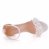 White Lace Pearl Women Summer Shoes Strap Square Party Dress Sandals Bride Evening Formal High Heels