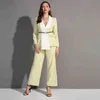 Ladies Office Suit Fashion Casual Loose Two-Piece Blazer Wide Leg Pants Women Chic Belt V-Neck Elegant Set T220729