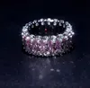 Iced Out 360 Eternity Silver Pink Bling Rings Micro Pave Cubic Zirconia 14K White Gold Plated Hip hop Ring with gift box