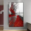 Straat met rode esdoornbladeren schilderij canvas print muur kunst foto voor woonkamer woning decor muur decoratie frameless