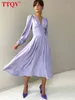 TTQV Sexy Purple Satin Midi Dress Lady Elegant V-Neck Long Sleeve Bodycon Dress Fashion Ruched Party Dresses For Women 2022 T220804