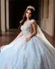 Élégant bleu clair dentelle Quinceanera robes robe de bal 2022 chérie cou Graduation robe de fête d'anniversaire avec Cape robe de bal robes de soirée GB0914