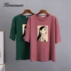 Hirsionsan Chic Cotton Printed T Shirt Summer Loose Casual Tees Oversized Aesthetic Graphic Clothes Loose Female Tops 220613
