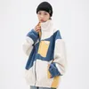 Harajuku Farbe Block Zipper Lammwolle Jacke Männer Frauen Winter Sherpa Fleece Baumwolle Gefütterte Mantel Streetwear Outwear