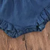 Baby sommarkläder född spädbarn baby flickor romper fasta denims playsuits ruffled ärmlös rem soldräkt hög kvalitet 220525