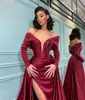 Burgundy Long Sleeves Split Prom Dresses Off The Shoulder Ruched Formal Party Evening Gowns lOW Back Occasion Dress BC12781
