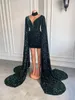 Glittering Dark Green Velvet Sequined Short Prom Dresses Long Deep V Neck Wraps Mini Formal Dress Arabic Aso Ebi Women Evening Party Gowns Vestidos De Festa