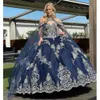 2022 Robes de Quinceanera bleu marine avec cape argentée brodée châle détachable chérie robe de bal en tulle robes de soirée formelles femmes douces 15 filles