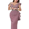 2022 Dusty Pink V Neck Straight Evening dresses Wear Long Caftan mariage Crystals Beading Prom Gowns Vestidos Formales Dubai Dress Off Shoulder Floor Length
