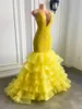 Party Dresses Sexy V-neck Mermaid Ruffle Yellow Organza Sparkly Sequin Long Prom 2022 For Black GirlsParty