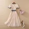 2022 Summer Floral Embroidery Sequins Mid-calf Dress Short Sleeve Round Neck Tulle XXL Elegant Casual Dresses 22Q042324