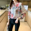 Damenblusen, Hemden, Herbst-Damenhemd, florales Chiffon-Langarmshirt, lockere koreanische Version, Retro-Druck, einreihiges Hemd für Damen