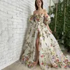 Festklänningar Boho Bröllopsbroderi Blomma Mesh Klänningar Lång Klänning Tube Off Shoulder Hög Split Vestidos De RendaParty