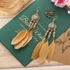 Dangle & Chandelier Fashion Long White Feather Beads Tassel Earrings For Women Ethnic Dreamcatcher Gold Metal Earring Bohemia Summer Jewelry