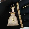 Подвесные ожерелья мужчины заморожены сумку для денег, кубический цирконий, латунный золотой, серебряный цвет, хип -хоп ювелирные изделия 1130