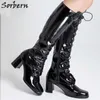 Sorbern vintage 1960's Gogo Botas Knee High Ladies Shoes 2018 Costume Cores Quadrado Toe Baixo Botas de Salto para Mulheres Zipper Lateral