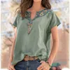 Women's Blouses & Shirts Fashion Western Ethnic Print Top Women Loose V Neck Short Sleeve Daily Casual Vntiage Shirt Summer Plus Size Blouse