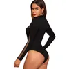 Summer Sexy Black Solid Mesh Patchwork Long Sleeve Party Club Bodysuit Body Top For Women Short Jumpsuit 220811